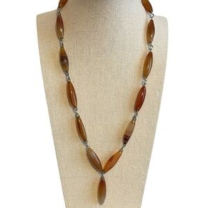 Vintage Polished Agate Stone Y Pendant Necklace Orange Rust Tan 22”